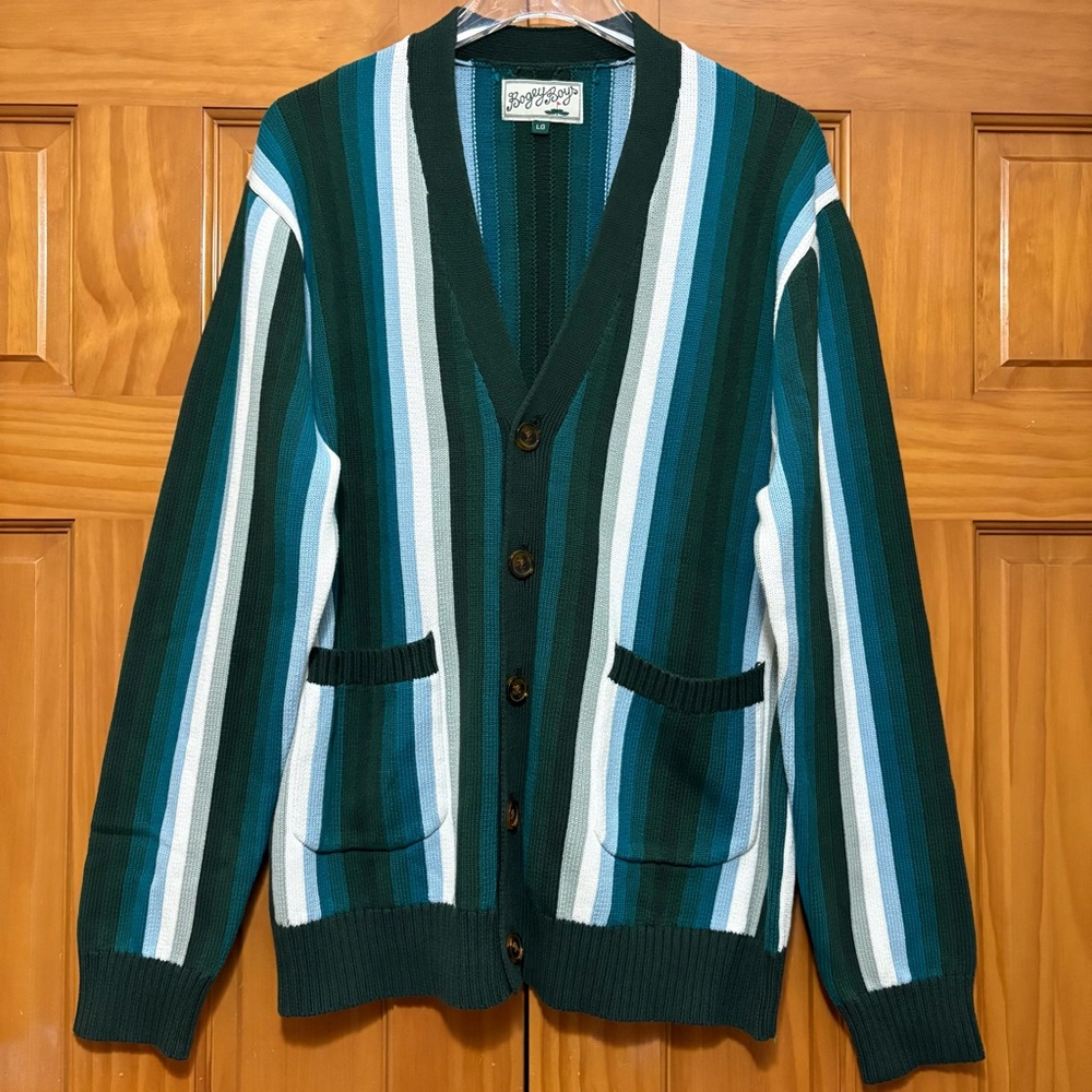 Bogey Boys Golf Cardigan Sweater with Retro Stripes Green & Blue Size Large NWOT